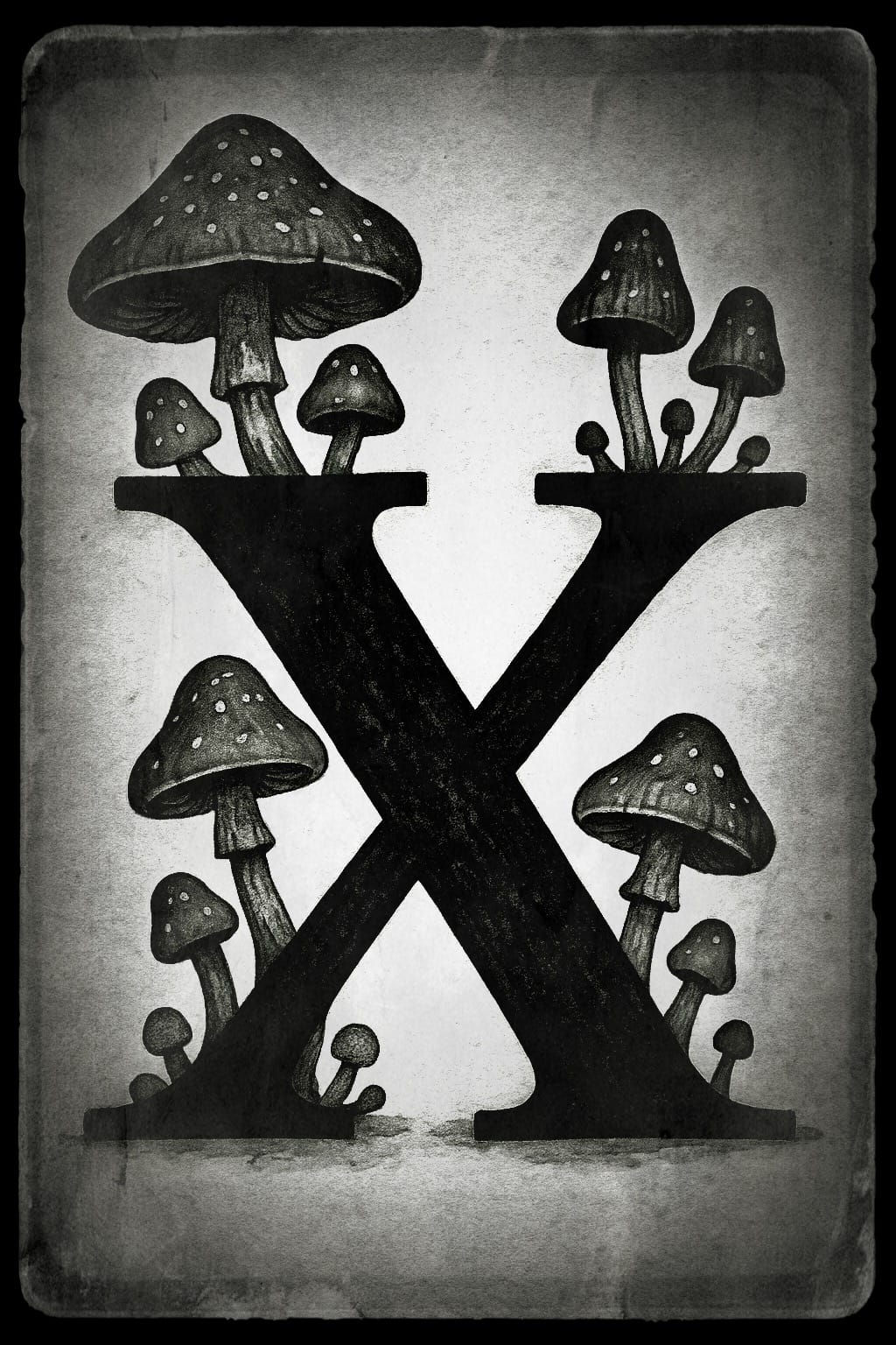 The letter X with mushrooms growing out of it.